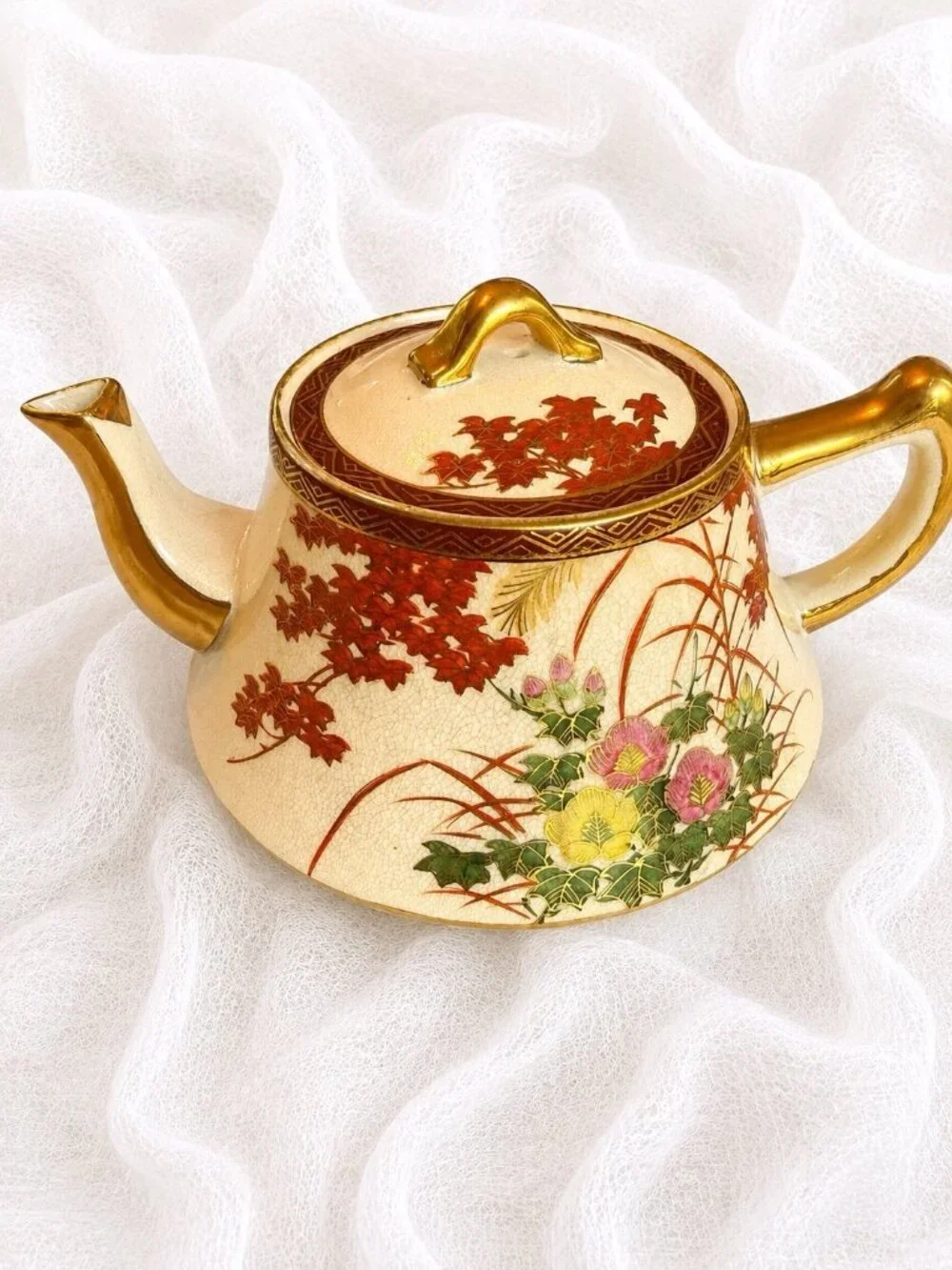 Vintage Kutani Japan Tea Set 13 Pc Autumn Maple Crackle Glaze Gold Trim Teapot